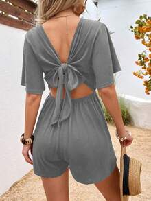 SHEIN Privé Solid Surplice Neck Romper - Grey - View 2