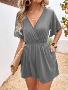 SHEIN Privé Solid Surplice Neck Romper - Grey - View 3