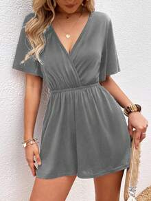 SHEIN Privé Solid Surplice Neck Romper - Grey - View 5