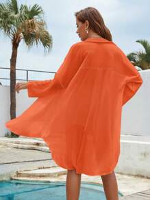 SHEIN VCAY Áo sơ mi nữ Túi Nút phía trước Cao thấp màu trơn Giải trí - trái cam - Xem 2