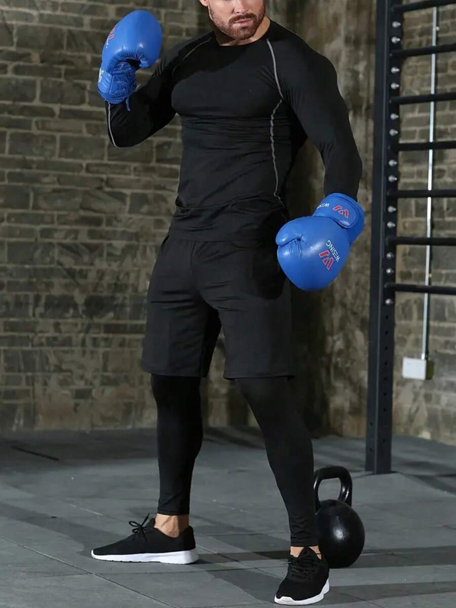 Manfinity Sport Corelite Áo thun thể thao tương phản Topstitching & quần short & quần thể thao, bộ đồ thể thao, bộ đồ tập thể dục - màu đen - Xem 1