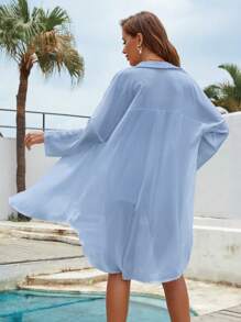 SHEIN VCAY Solid Button Front Drop Shoulder Shirt - Baby Blue - View 2