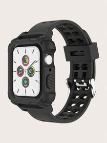 2 In 1 Plain Silicone Watchband & Watch Case Compatible With Apple Watch Band 45/49/38/40/41/42/44mm, Compatible With Apple Watch Ultra/SE/9/8/7/6/5/4/3/2/1 Apple Watch Strap - Black - View 1