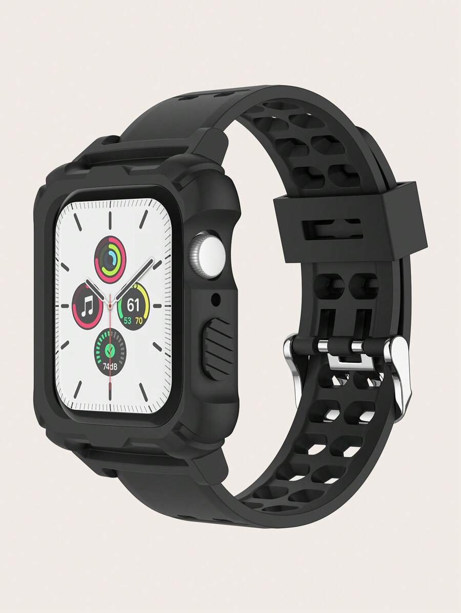 2 In 1 Plain Silicone Watchband & Watch Case Compatible With Apple Watch Band 45/49/38/40/41/42/44mm, Compatible With Apple Watch Ultra/SE/9/8/7/6/5/4/3/2/1 Apple Watch Strap - Black - View 1