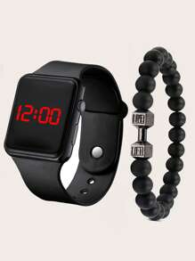 Đồng hồ điện tử vuông 1pc & Vòng đeo tay đính cườm 1pc - Nhiều màu - Xem 1
