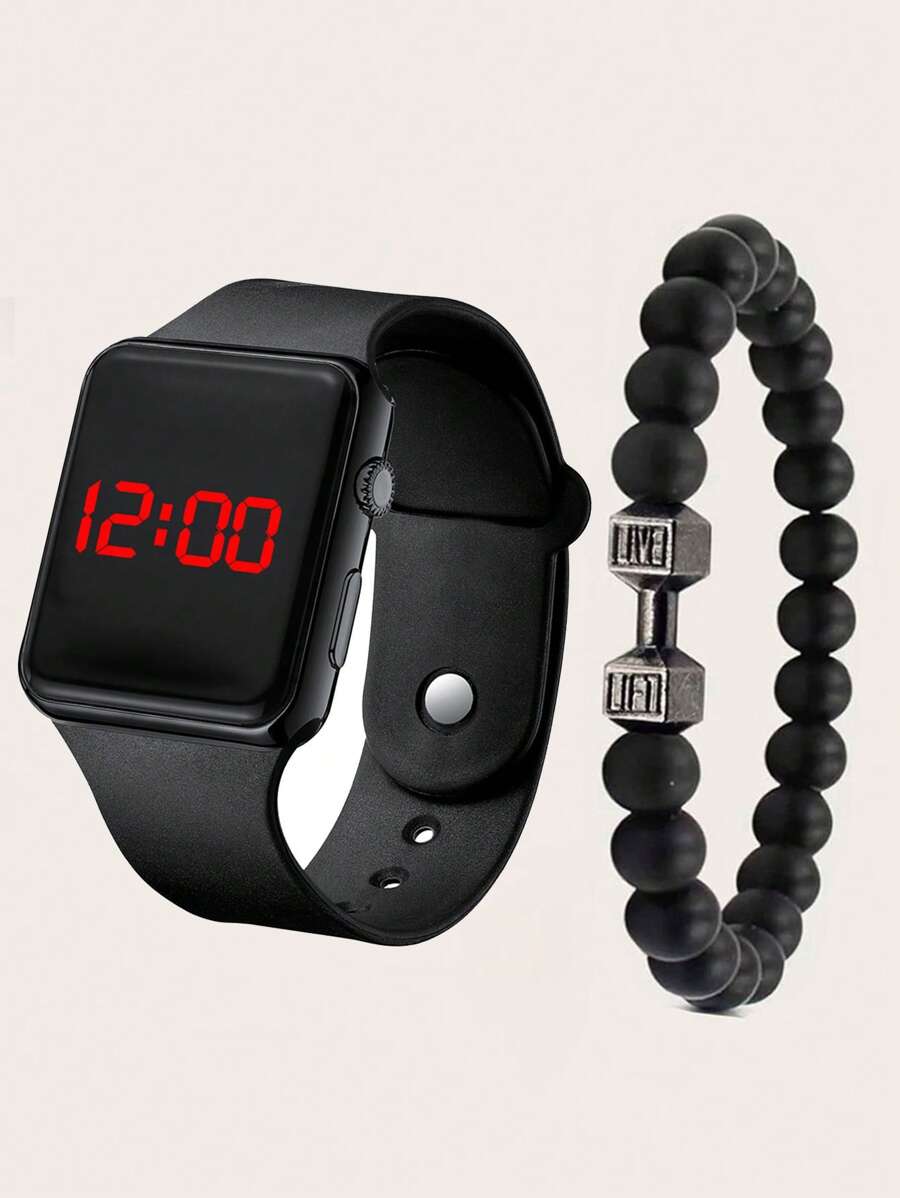 Đồng hồ điện tử vuông 1pc & Vòng đeo tay đính cườm 1pc - Nhiều màu - Xem 1