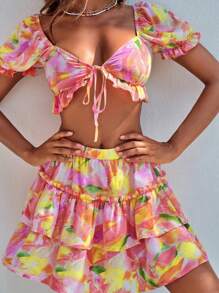 Soleia Allover Print Tie Front Crop Top & Ruffle Hem Skirt - Multicolor - View 1