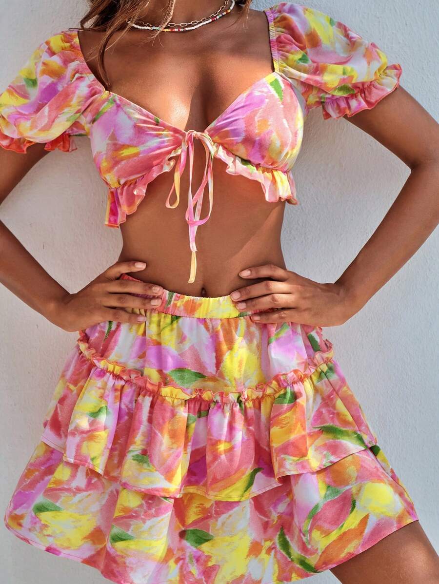 Soleia Allover Print Tie Front Crop Top & Ruffle Hem Skirt - Multicolor - View 1