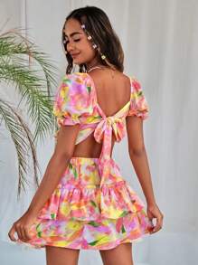 Soleia Allover Print Tie Front Crop Top & Ruffle Hem Skirt - Multicolor - View 3