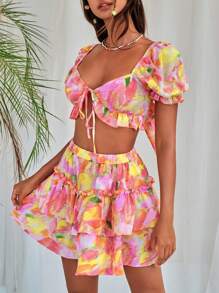 Soleia Allover Print Tie Front Crop Top & Ruffle Hem Skirt - Multicolor - View 4