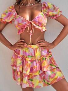 Soleia Allover Print Tie Front Crop Top & Ruffle Hem Skirt - Multicolor - View 5