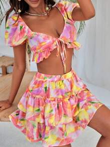 Soleia Allover Print Tie Front Crop Top & Ruffle Hem Skirt - Multicolor - View 6