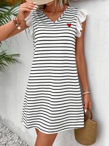 SHEIN Frenchy Striped Print Tie Back Butterfly Sleeve Dress - Black and White - View 4