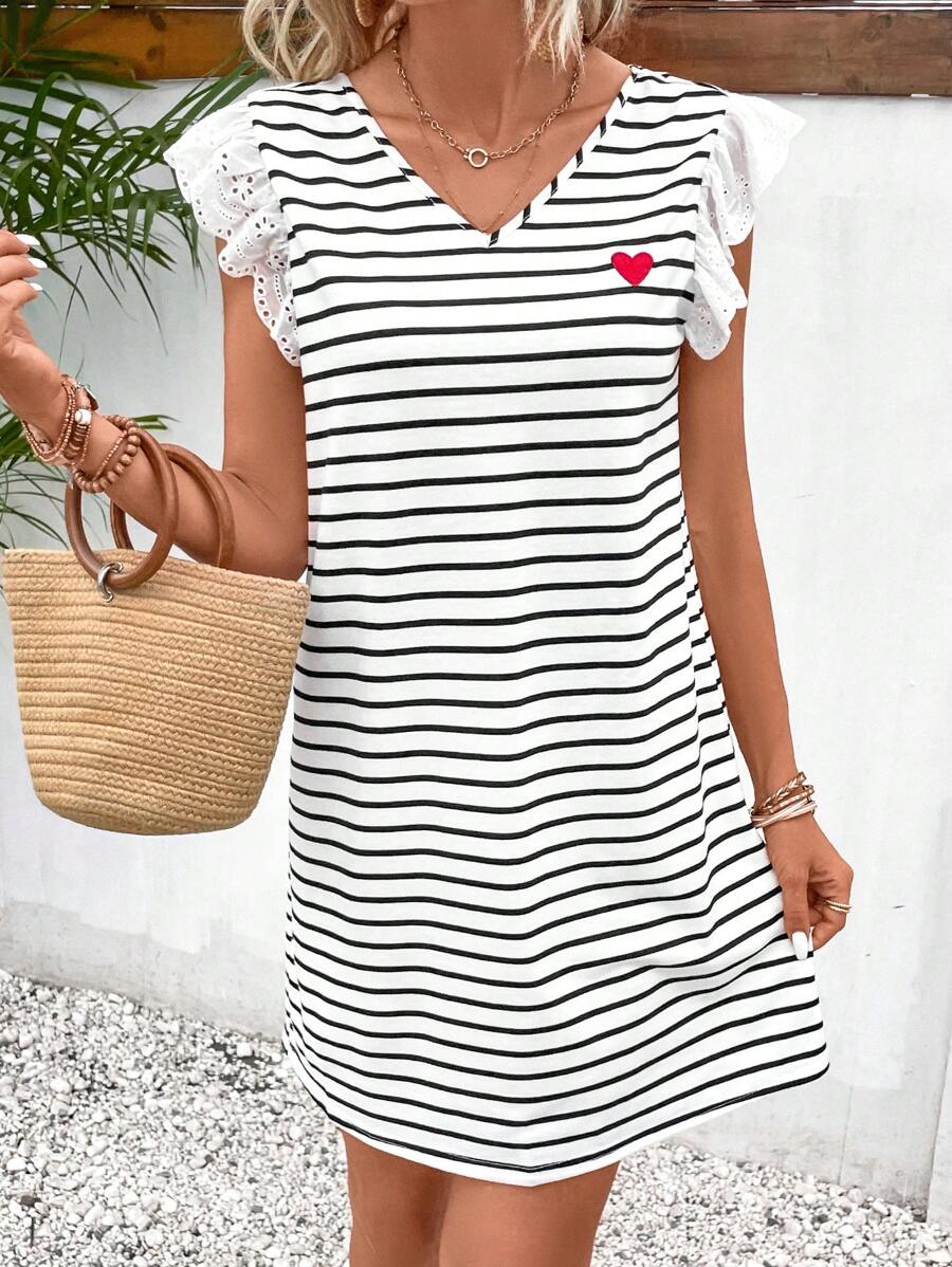 SHEIN Frenchy Striped Print Tie Back Butterfly Sleeve Dress - Black and White - View 1