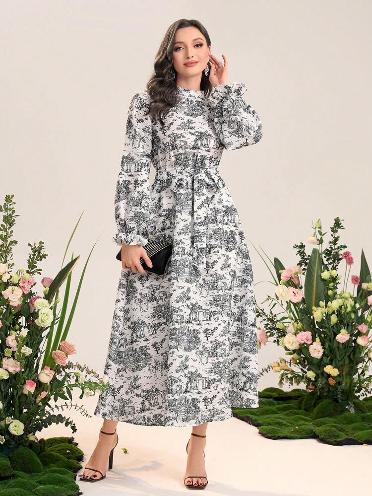 Landscape Print Flounce Sleeve Belted Dress Long Evening Dresses