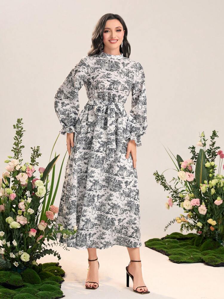 Landscape Print Flounce Sleeve Belted Dress Long Evening Dresses