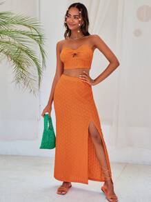 SHEIN VCAY Cut Out Tube Top & Split Thigh Skirt - Coral Orange - View 1