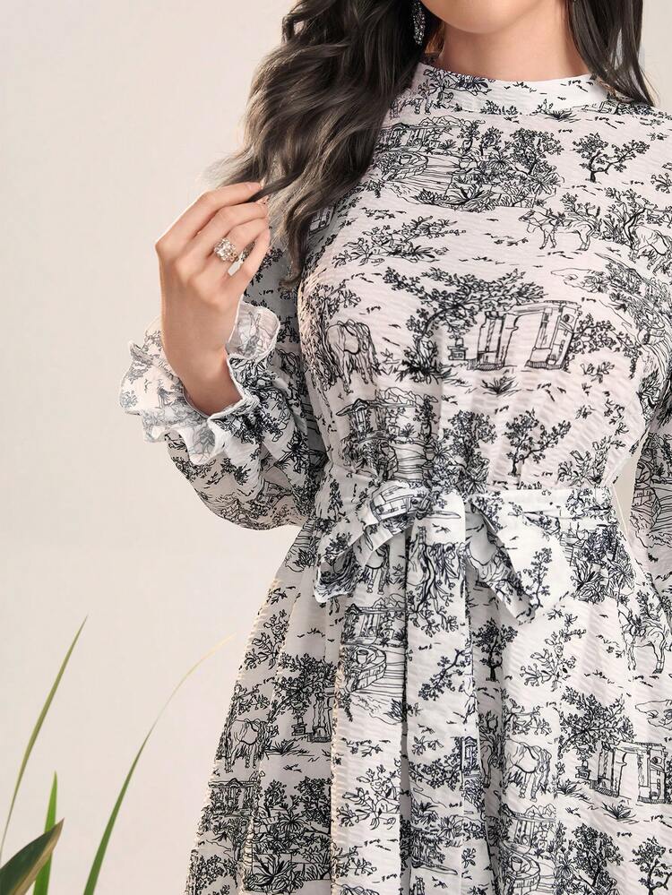 Landscape Print Flounce Sleeve Belted Dress Long Evening Dresses