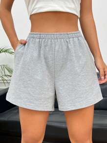 SHEIN EZwear Quần đùi nữ Túi màu trơn Giải trí - Màu Xám nhạt - Xem 1