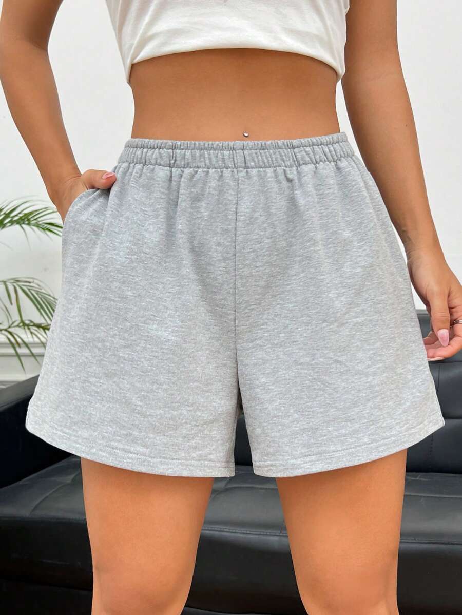 SHEIN EZwear Quần đùi nữ Túi màu trơn Giải trí - Màu Xám nhạt - Xem 1