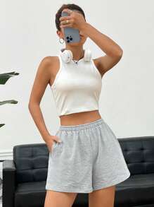 SHEIN EZwear Quần đùi nữ Túi màu trơn Giải trí - Màu Xám nhạt - Xem 5