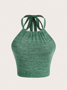 SHEIN EZwear Áo khoác và áo lót dành cho xe tăng nữ Lộ Lưng Buộc lại màu trơn Giải trí - màu xanh lá - Xem 1