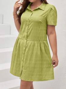 SHEIN Frenchy 大碼泡泡袖前紐扣連衣裙 - 青檸色 - 查看 3