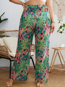 SHEIN Swim Curve Plus Tropical Print Wide Leg Pants - Green - View 2