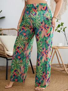 SHEIN Swim Curve Plus Tropical Print Wide Leg Pants - Green - View 3