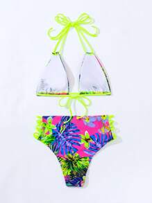 Swim SXY Summer Beach Tropical Print Ladder Cut-Out Halter Triangle Bikini Set - Hot Pink - View 5