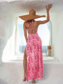 滿版印花高衩比基尼泳裝附罩衫 - 玫紅色 - 查看 2