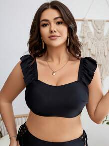 SHEIN Swim Curve Summer Beach Plus Ruffle Trim Bikini Top - Black - View 3