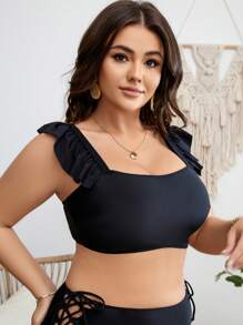 SHEIN Swim Curve Summer Beach Plus Ruffle Trim Bikini Top - Black - View 5