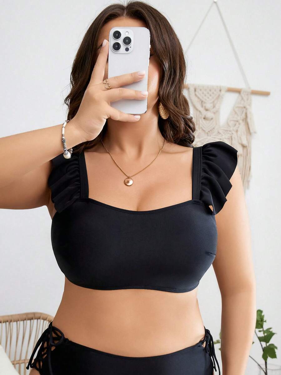 SHEIN Swim Curve Summer Beach Plus Ruffle Trim Bikini Top - Black - View 1