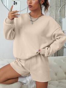 INAWLY Shorts con sudadera unicolor de hombros caídos - Caqui - Ver 3