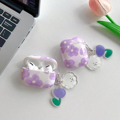 防震花朵元素大紫色花朵耳机套蓝牙耳机盒春季礼物