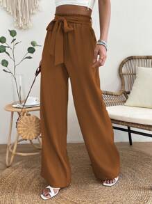 SHEIN VCAY Paperbag Waist Belted Trousers - Brown - View 1