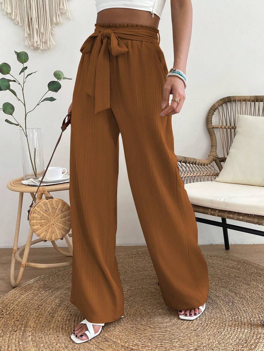 SHEIN VCAY Paperbag Waist Belted Trousers - Brown - View 1