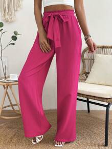 SHEIN VCAY 紙袋腰腰帶長褲 - 玫紅色 - 查看 3