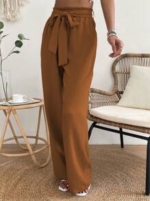 SHEIN VCAY Paperbag Waist Belted Trousers - Brown - View 5
