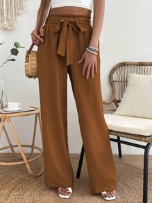 SHEIN VCAY Paperbag Waist Belted Trousers - Brown - View 6
