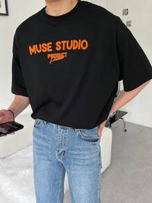 DAZY 男士棉字母圖案落肩T恤 - 黑色 - 查看 4