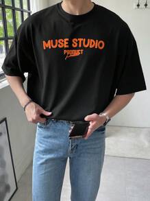 DAZY 男士棉字母圖案落肩T恤 - 黑色 - 查看 6