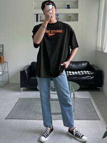 DAZY 男士棉字母圖案落肩T恤 - 黑色 - 查看 7