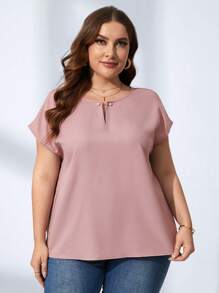 SHEIN Clasi Áo sơ mi Plus Size Ngọc trai màu trơn Giải trí - Bụi hồng - Xem 6