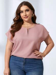 SHEIN Clasi Áo sơ mi Plus Size Ngọc trai màu trơn Giải trí - Bụi hồng - Xem 4