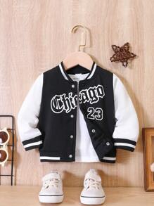 SHEIN Baby Boy Letter Graphic Striped Trim Varsity Jacket Without Tee - Black and White - View 1