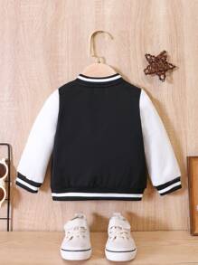 SHEIN Baby Boy Letter Graphic Striped Trim Varsity Jacket Without Tee - Black and White - View 2