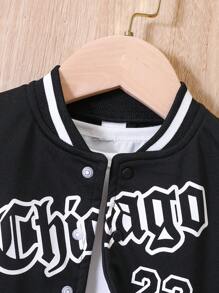 SHEIN Baby Boy Letter Graphic Striped Trim Varsity Jacket Without Tee - Black and White - View 3