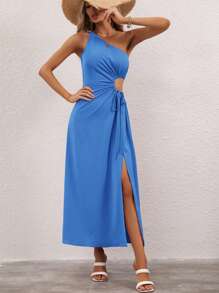 SHEIN LUNE Đầm Cắt ra Dây kéo Tách cao màu trơn Giải trí - Màu xanh lam - Xem 5